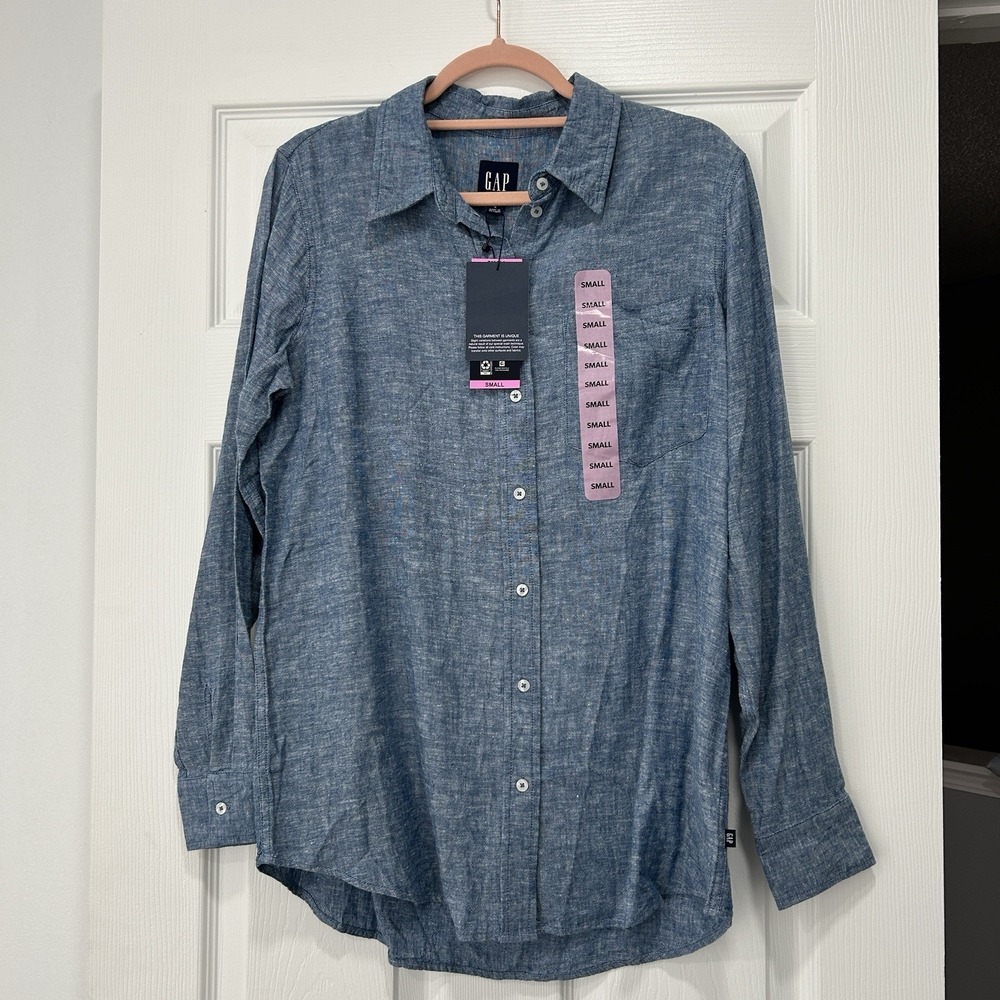 GAP Linen-Blend Easy Shirt Women's Size Small Long Sleeve‎ Button Up Blue NWT!!